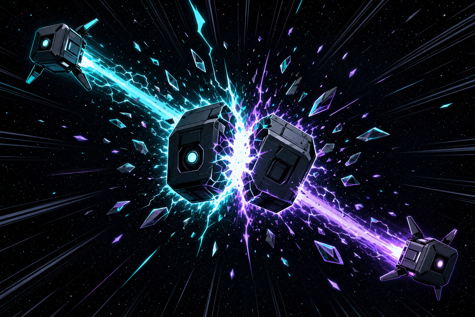 Two ships trading laser fire in deep space — cyan and purple energy bolts collide in a spectacular explosion