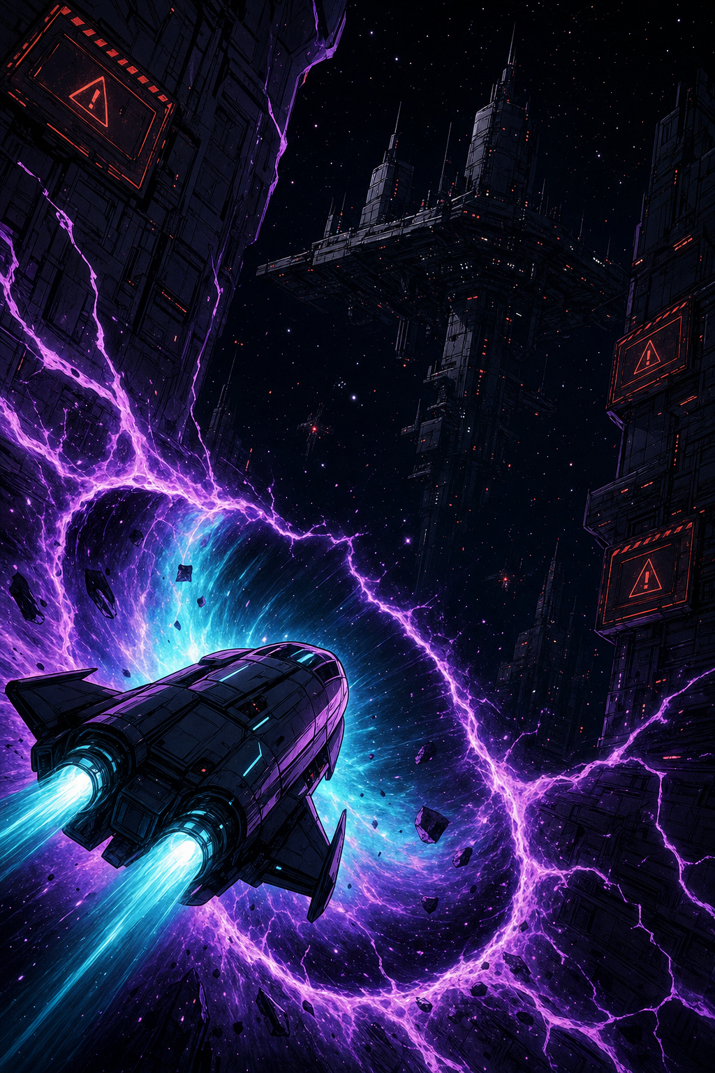 Player ship flying into a swirling dimensional rift — purple lightning, GMM warning signs, deep space