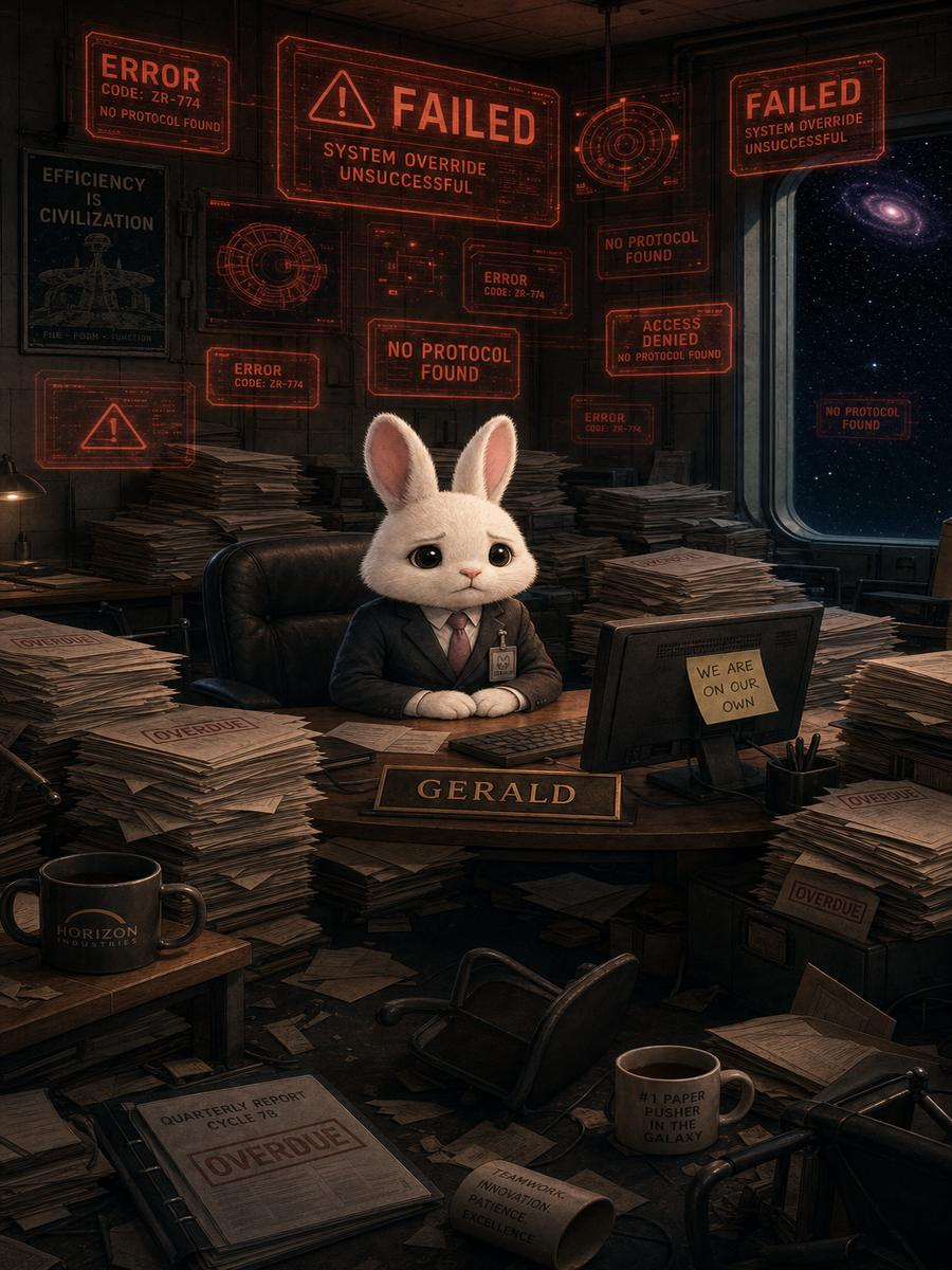 Gerald sits alone at his desk surrounded by red ERROR and FAILED holograms. A sticky note reads: 'We are on our own.'
