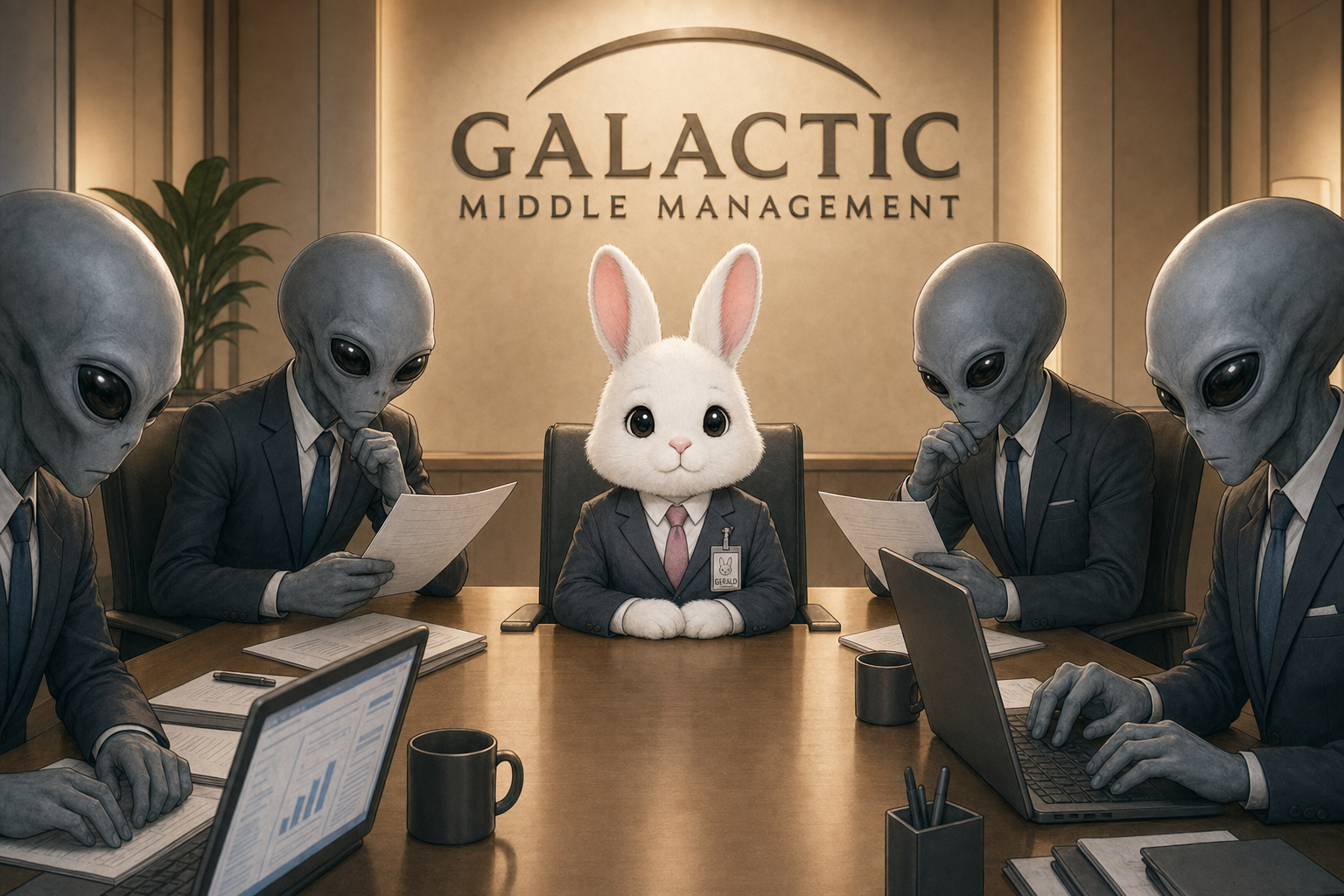 Gerald, in a suit, sits at his director's desk as GMM aliens present him with the Honorary Director plaque — 'Emotion is not a KPI. Nevertheless, we applaud.'
