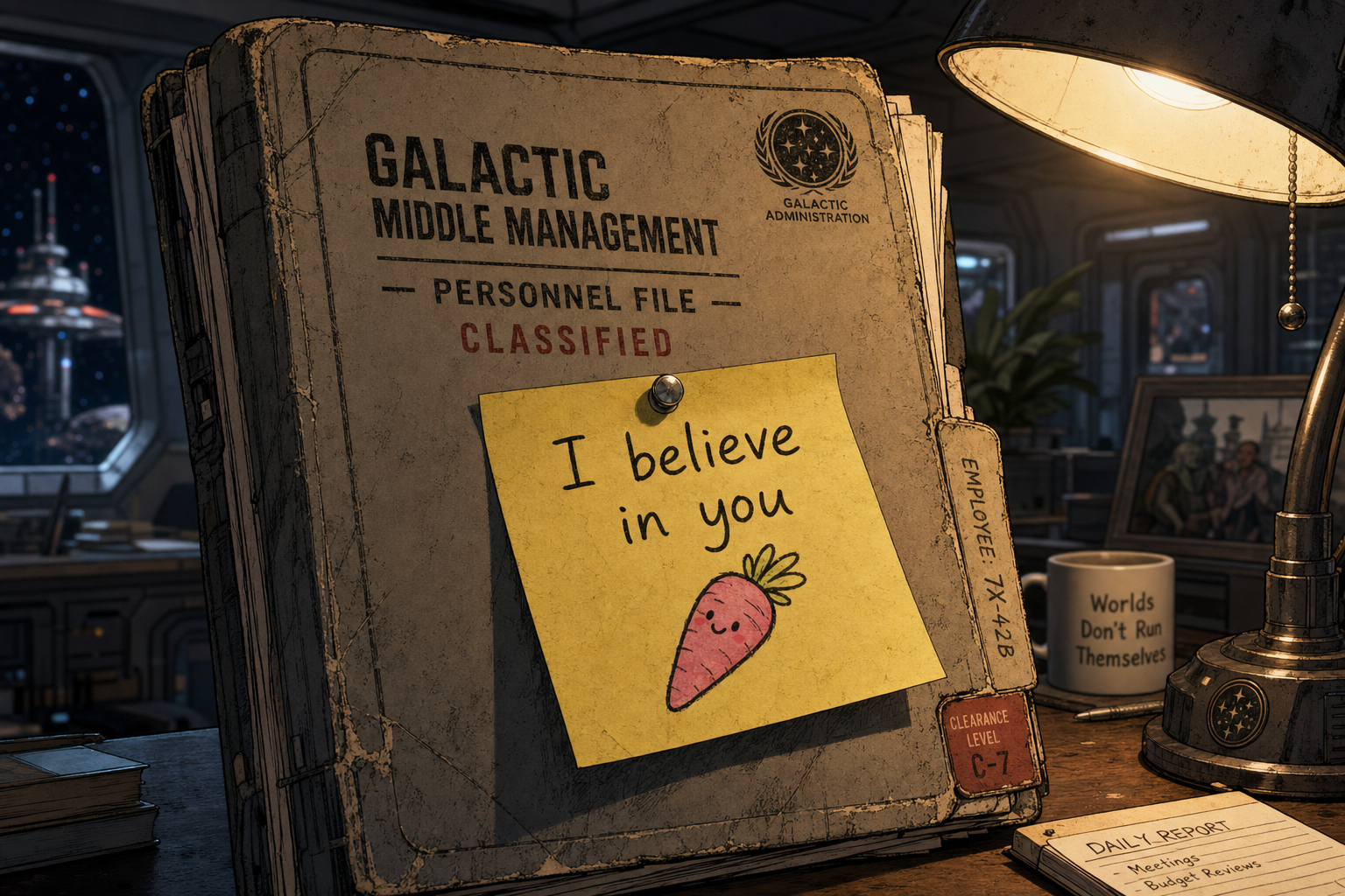 A GMM Classified Personnel File sits on a desk. A sticky note pinned to it reads 'I believe in you' with a little carrot drawing.