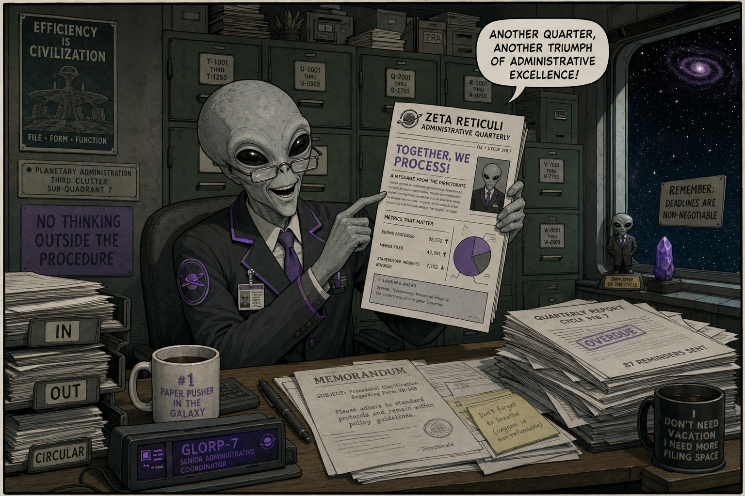 Glorp-7, Senior Administrative Coordinator of GMM, proudly displays the Zeta Reticuli Administrative Quarterly — 'Another quarter, another triumph of administrative excellence!'