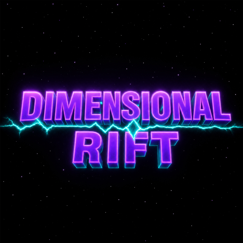 Dimensional Rift — neon retro logo with purple letters and cyan lightning bolt