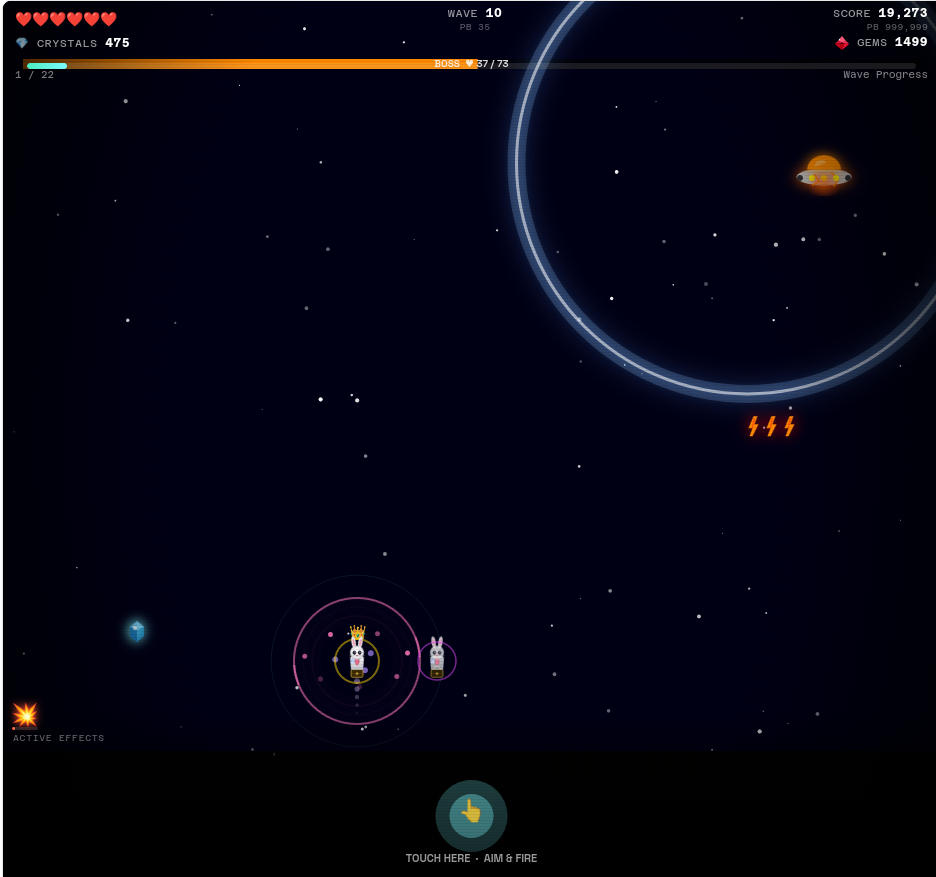 Boss encounter at Wave 10 — Gerald faces a giant orbital boss with lightning enemies incoming