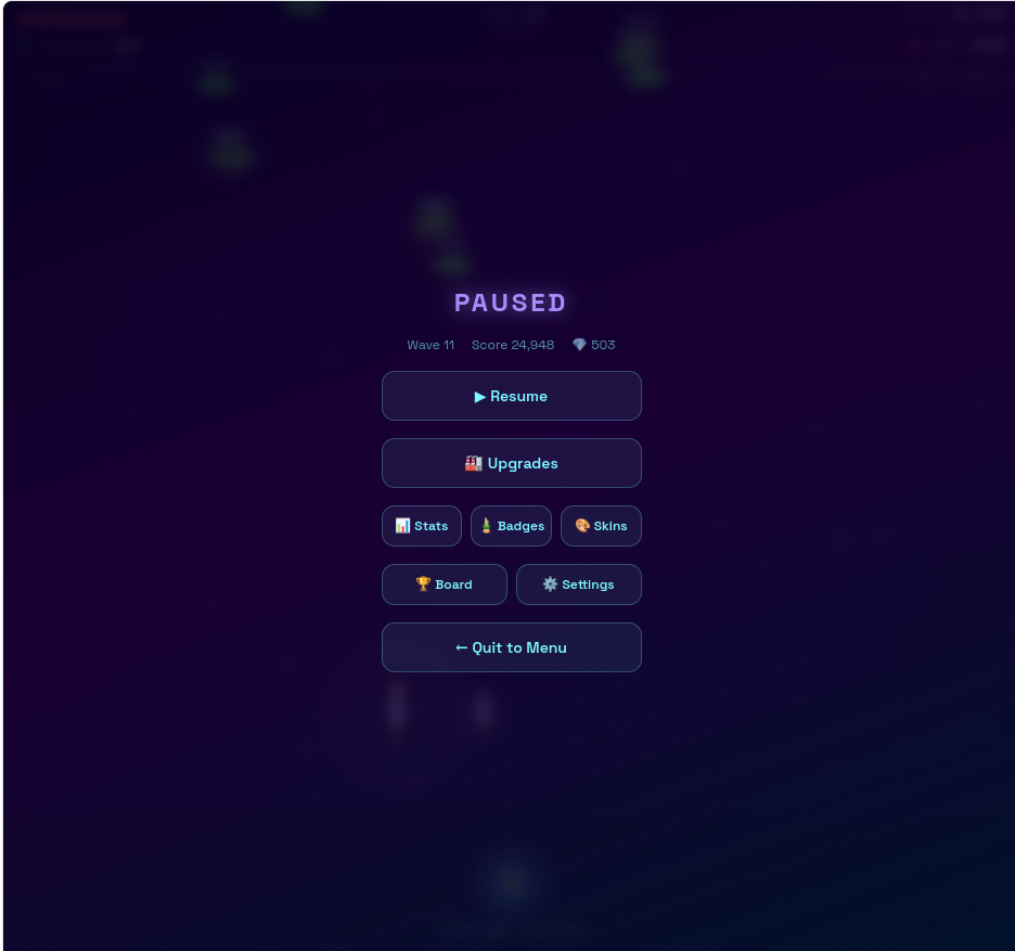 Dimensional Rift pause menu showing Wave 11, Score 24,948 with Upgrades, Stats, Badges and more