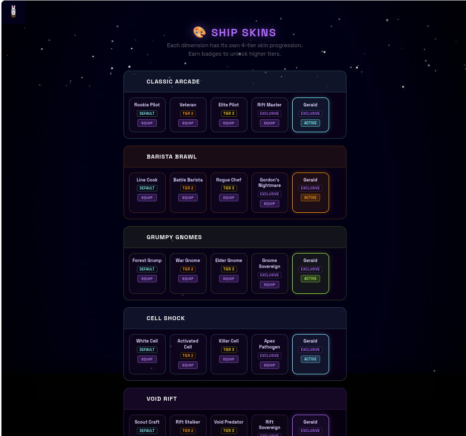Ship Skins screen showing dimension-specific 4-tier skin progressions for Classic Arcade, Barista Brawl, Grumpy Gnome, Cell Shock, and Void Rift